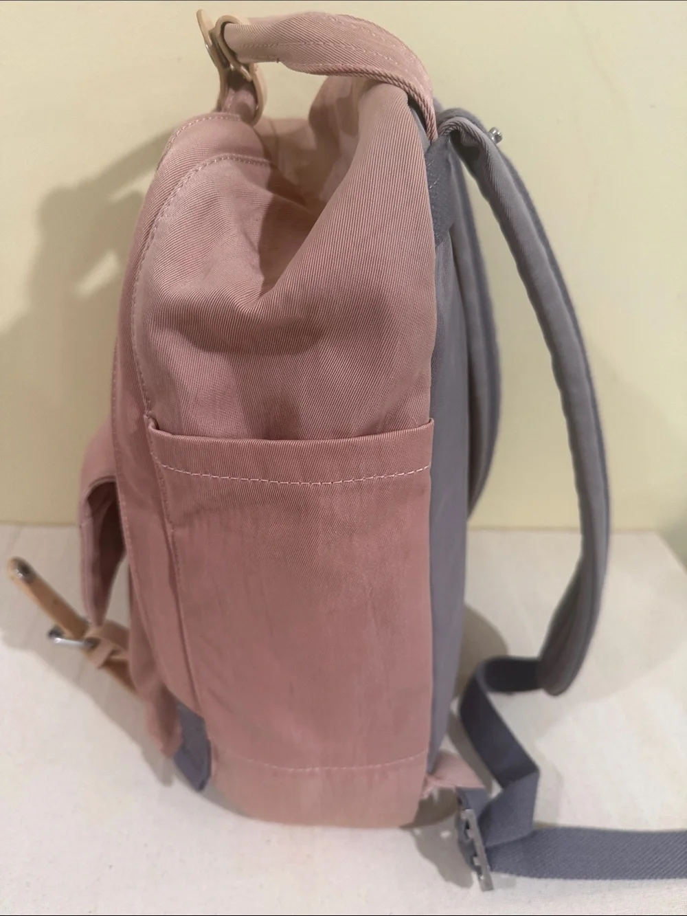 Two-Tone Pink and Gray Canvas Backpack with Leather Trim